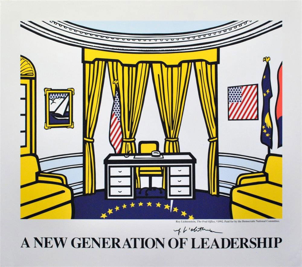 ROY LICHTENSTEIN - Color offset lithograph poster: Roy Lichtenstein (American, 1923-1997). "A New Generation of Leadership (The Oval Office)". Color offset lithograph poster. 1992. Signed in black marker, lower right. Proposed edition of 6,000 (of whi