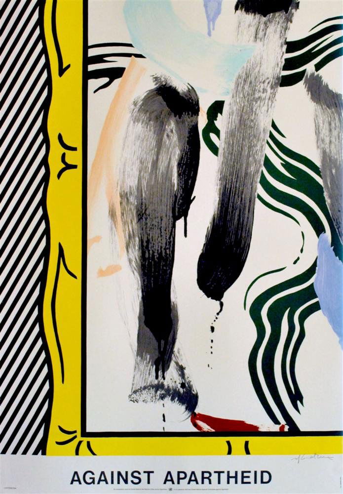 ROY LICHTENSTEIN - Color offset lithograph poster: Roy Lichtenstein (American, 1923-1997). "Against Apartheid". Color offset lithograph poster. 1983. Signed in pencil, lower right. Edition of c5,000. White wove paper. The full sheet. Fine impression.