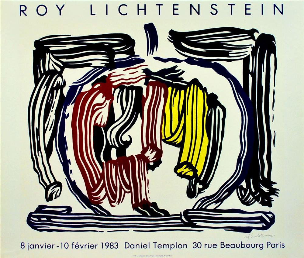 ROY LICHTENSTEIN - Color offset lithograph poster: Roy Lichtenstein (American, 1923-1997). "Brushstroke Still Life with Apple". Color offset lithograph poster. 1983. Signed in pencil, lower right. Edition unknown, presumed small. White wove paper. The