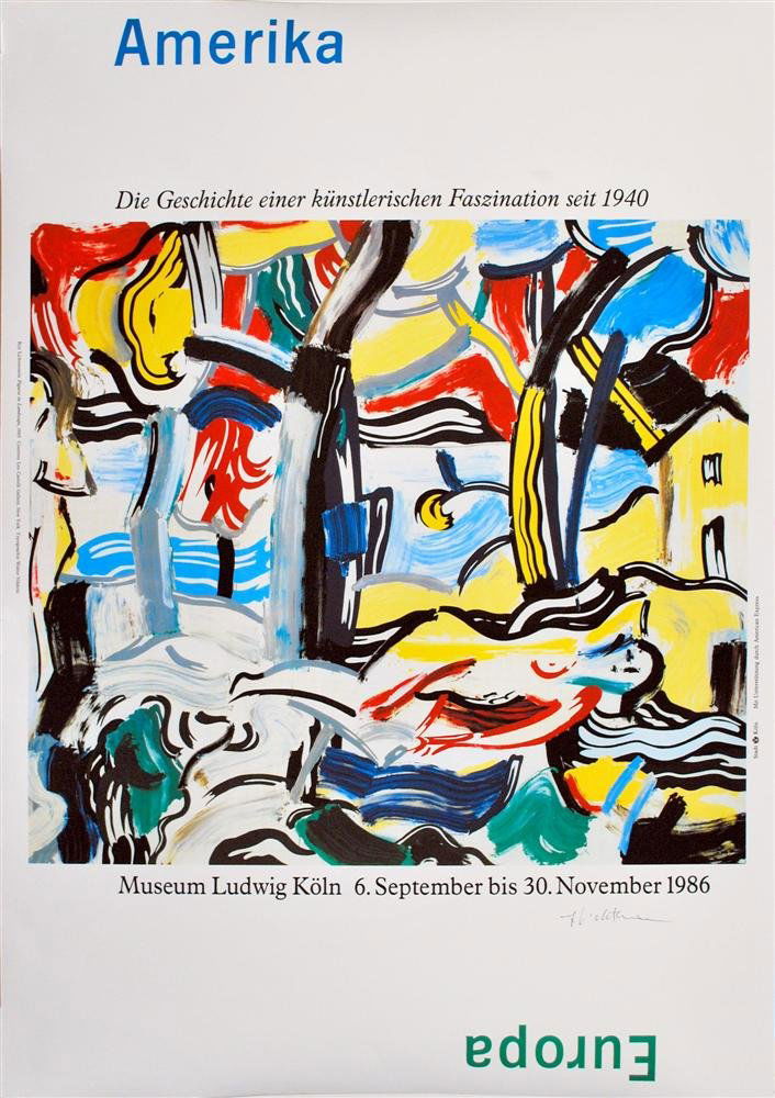 ROY LICHTENSTEIN - Color offset lithograph poster: Roy Lichtenstein (American, 1923-1997). "Figures and Landscape [Amerika/Europa]". Color offset lithograph poster. 1986. Signed in black pen, lower right. Edition unknown, presumed small. Cream wove pa