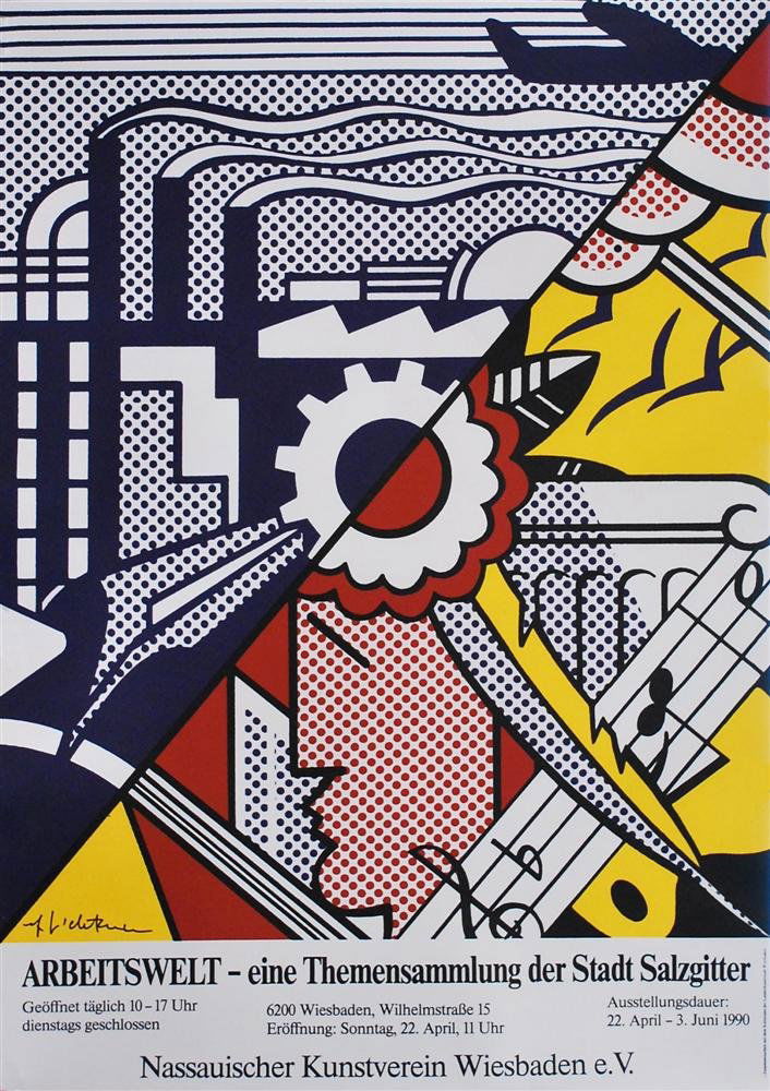 ROY LICHTENSTEIN - Color offset lithograph poster: Roy Lichtenstein (American, 1923-1997). "Industry and the Arts (II)". Color offset lithograph poster. 1990. Signed in black marker in the image, lower left. Edition unknown, presumed small. White wove