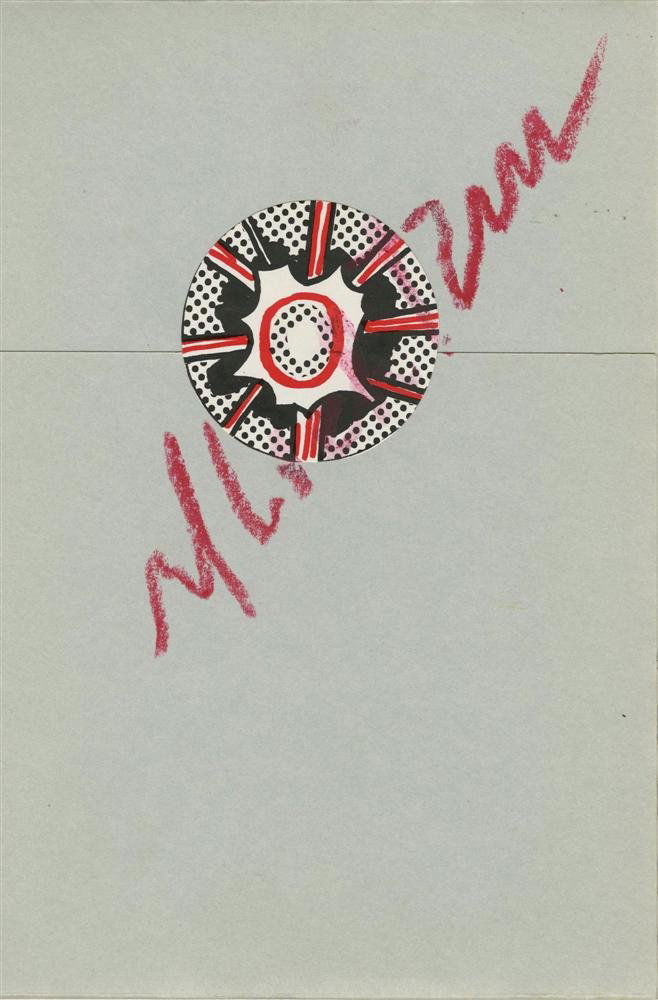 ROY LICHTENSTEIN - Color offset lithograph: Roy Lichtenstein (American, 1923-1997). "Pop Art One [book/portfolio with signed "Explosion" sticker]". Color offset lithograph. 1965. Signed across the sticker in red crayon. Edition unknown, presume