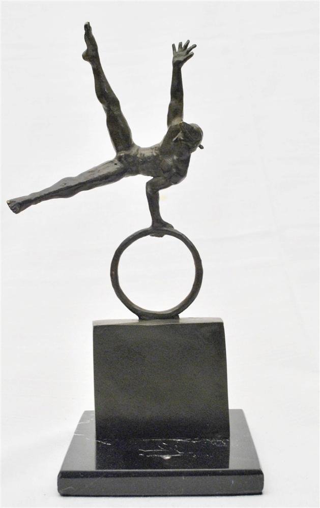 JORGE MARIN [ATTRIB] - Bronze sculpture with dark,: Jorge Marin [attrib] (Mexican, b.1963). "Equilibrista en un Aro". Bronze sculpture with dark, natural patina. c2006. Inscribed "Jorge Marin" verso. Edition unknown, presumed small. Fine, quality casti