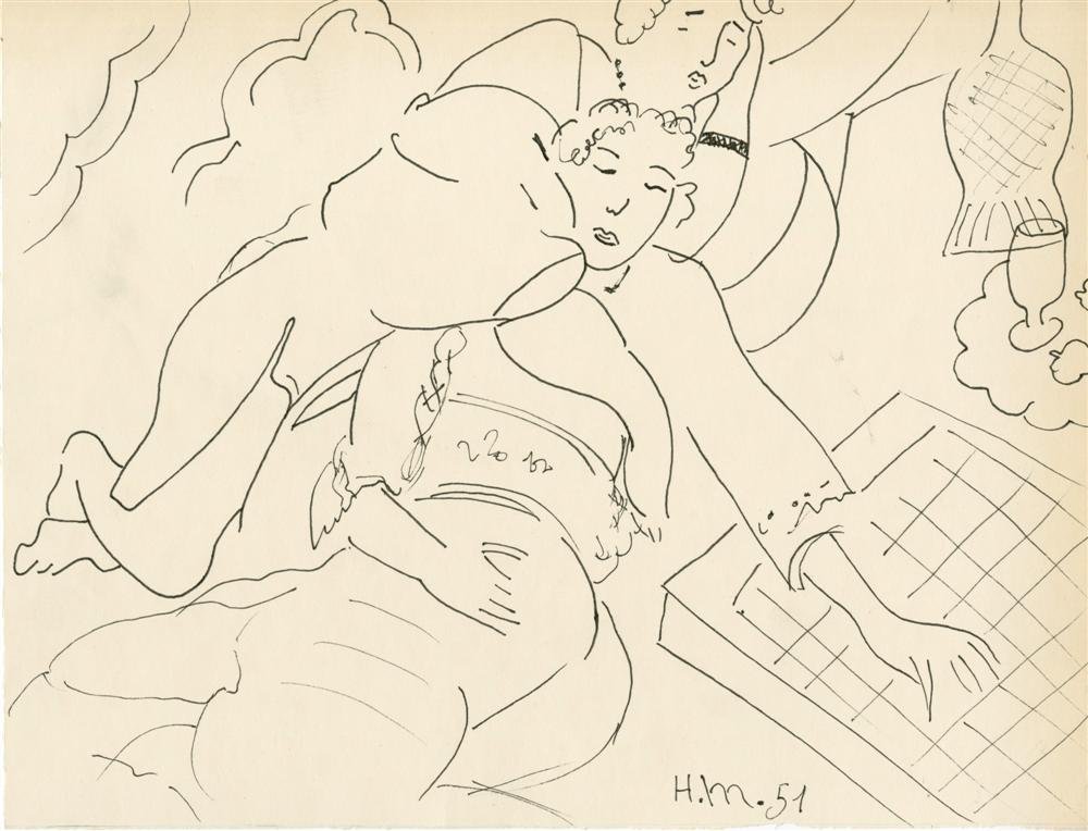HENRI MATISSE [ATTRIB] - Pen and ink drawing: Henri Matisse [attrib] (French, 1869 - 1954). "Formes". Pen and ink drawing. 1951. Signed with the initials and dated, lower right. Cream wove paper. Very good condition. Overall size: 8 1/16 x 10 9/1