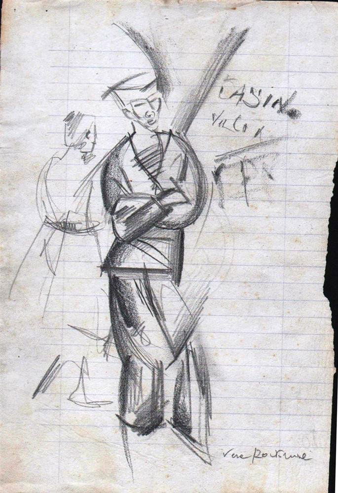 VERA ROCKLINE - Pencil drawing: Vera Rockline (Russian/French, 1896-1934). "Marin Cubiste". Pencil drawing. c1926. Signed lower right. White wove "notebook" paper. Condition: staining on top and left edges; paper loss right margin,