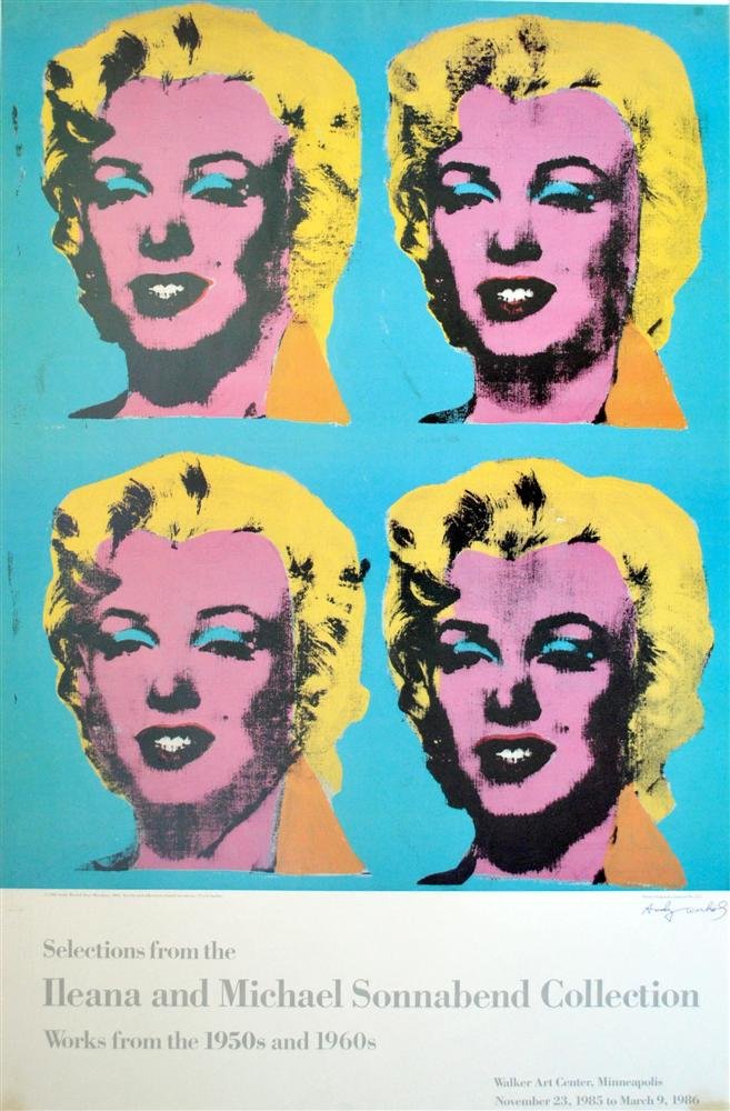 ANDY WARHOL - Color offset lithograph poster: Andy Warhol (American, 1928 - 1987). "Four Marilyns". Color offset lithograph poster. 1985. Signed in ink, lower right. White smooth wove paper. The full sheet. Fine impression with fresh colors. Good