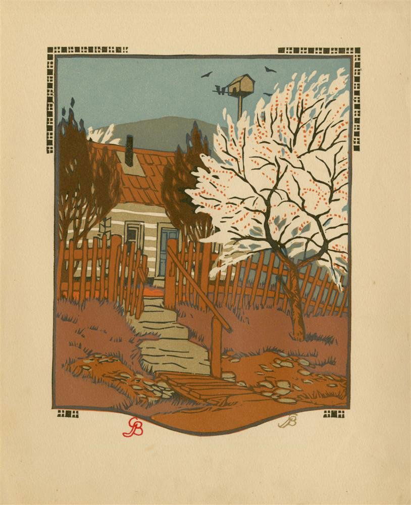 GUSTAVE BAUMANN - Original color woodcut: Gustave Baumann (German/American, 1881 - 1971). "April". Original color woodcut. 1912. Stamp signed with the initials, lower left; signed in the block, lower right. Cream wove paper. Wide margins. Fin