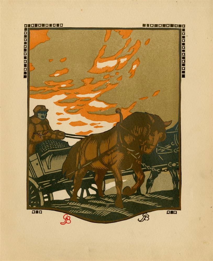 GUSTAVE BAUMANN - Original color woodcut: Gustave Baumann (German/American, 1881 - 1971). "February". Original color woodcut. 1912. Stamp signed with the initials, lower left; signed in the block, lower right. Cream wove paper. Wide margins.