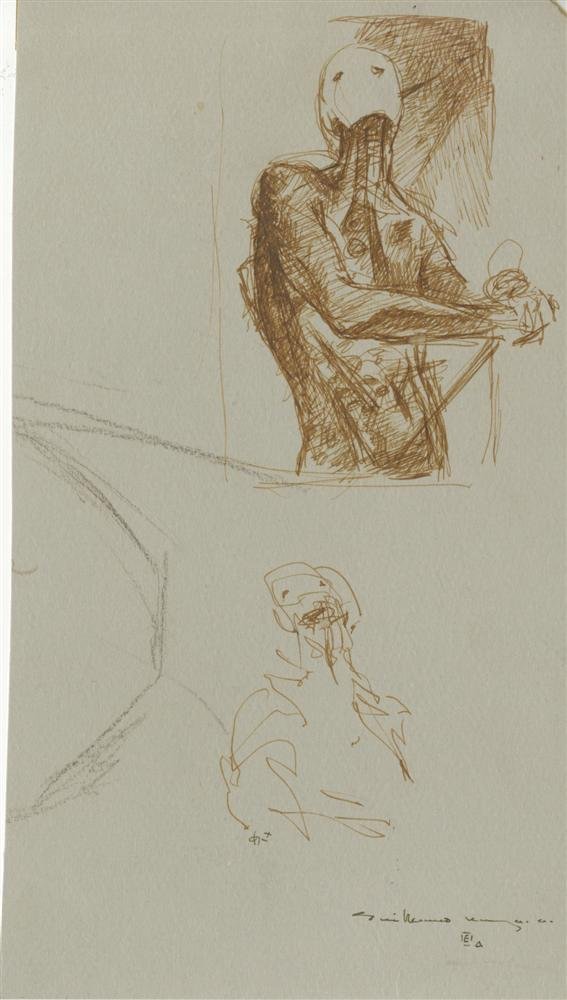 GUILLERMO MEZA - Pen and ink and pencil drawing: Guillermo Meza (Mexican, 1917 - 1997). "Estudio de Litografía". Pen and ink and pencil drawing. 1962?. Signed in ink, lower right. Light grey wove paper. Good condition. Partial drawing, verso. Overa