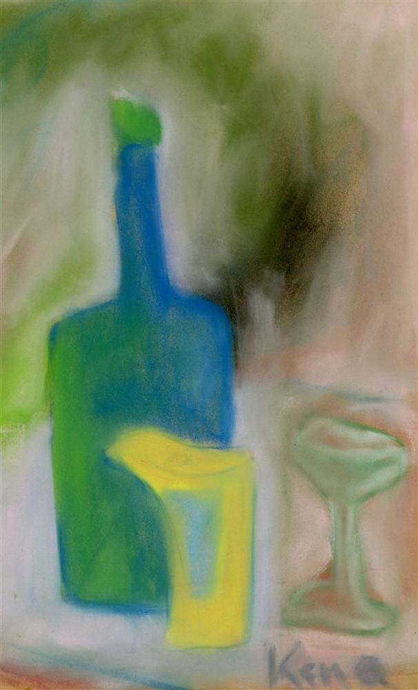 JALED MUYAES - Pastel on paper: Jaled Muyaes (Chilean/Mexican, 1921 - 2007). "Green and Blue Bottle". Pastel on paper. 1951. Signed lower right. Muyaes always signed his work "Kena," "S. Kena," "Silvestre Kena," or "Silvestre;" or, 