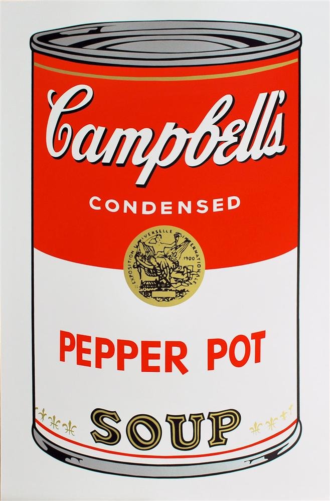 ANDY WARHOL [AFTER] - Original color silkscreen: Andy Warhol [after] (American, 1928 - 1987). "Campbell's Soup - Pepper Pot [Sunday B. Morning edition]". Original color silkscreen. 1968. Sunday B. Morning stamps, verso. White wove paper. Full margin