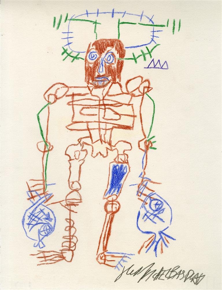 JEAN-MICHEL BASQUIAT [AFTER] - Colored pencils on p: Jean-Michel Basquiat [after] (American, 1960-1988). "Untitled". Colored pencils on paper. 1981. Signed lower right. Light cream wove paper. Fine condition. After the work "Untitled," 1981, crayon on p