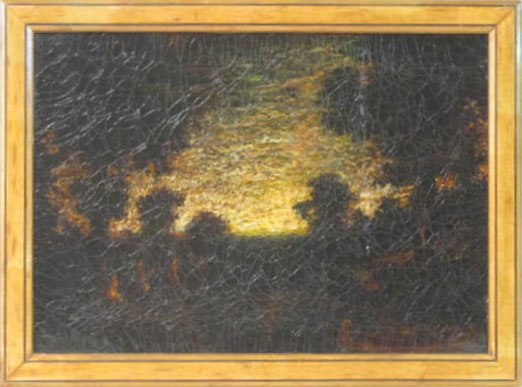 R. A. BLAKELOCK - Oil on canvas: R. A. Blakelock (American, 1847-1919). "Early Morning with Two Canoes". Oil on canvas. c1869-1885. Signed lower left. Old lining and heavy craquelure. Old label on back of frame. Provenance: Private c