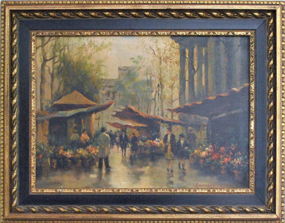 EDOUARD CORTES - Oil on canvas: Edouard Cortes (French, 1882-1969). "Le marche aux fleurs de la place de la Madeleine". Oil on canvas. 1930s?. Signed lower right. Fine condition. Inspected under blacklight. Signature contemporaneous