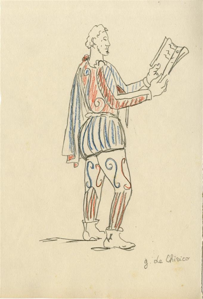 GIORGIO DE CHIRICO - Color pencil and pencil drawi: Giorgio de Chirico (Italian, 1988-1978). "Studio per Costume Teatrale 'I Puritani'". Color pencil and pencil drawing. c1950. Signed lower right. Overall very good condition; a few fox marks; very mino