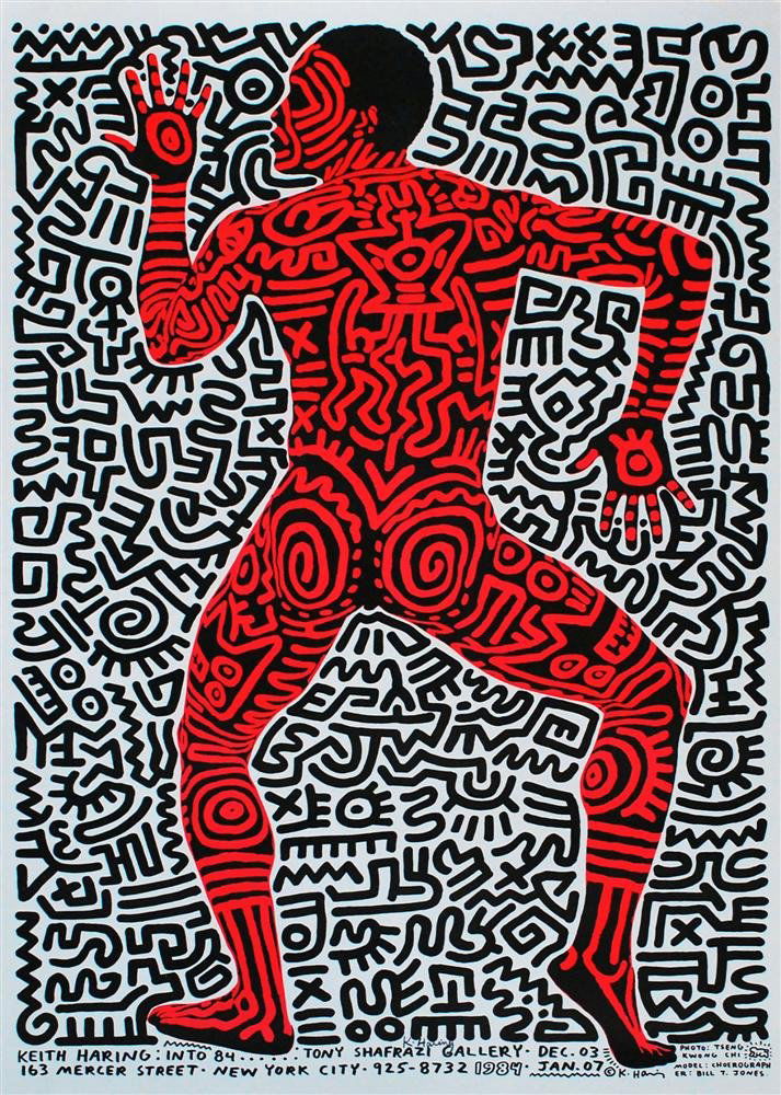 KEITH HARING - Original color lithograph poster: Keith Haring (American, 1958 - 1990). "Into 84". Original color lithograph poster. 1983. Signed in pencil, lower middle; signed and dated in the plate. Edition unknown, presumed small. White wove pape