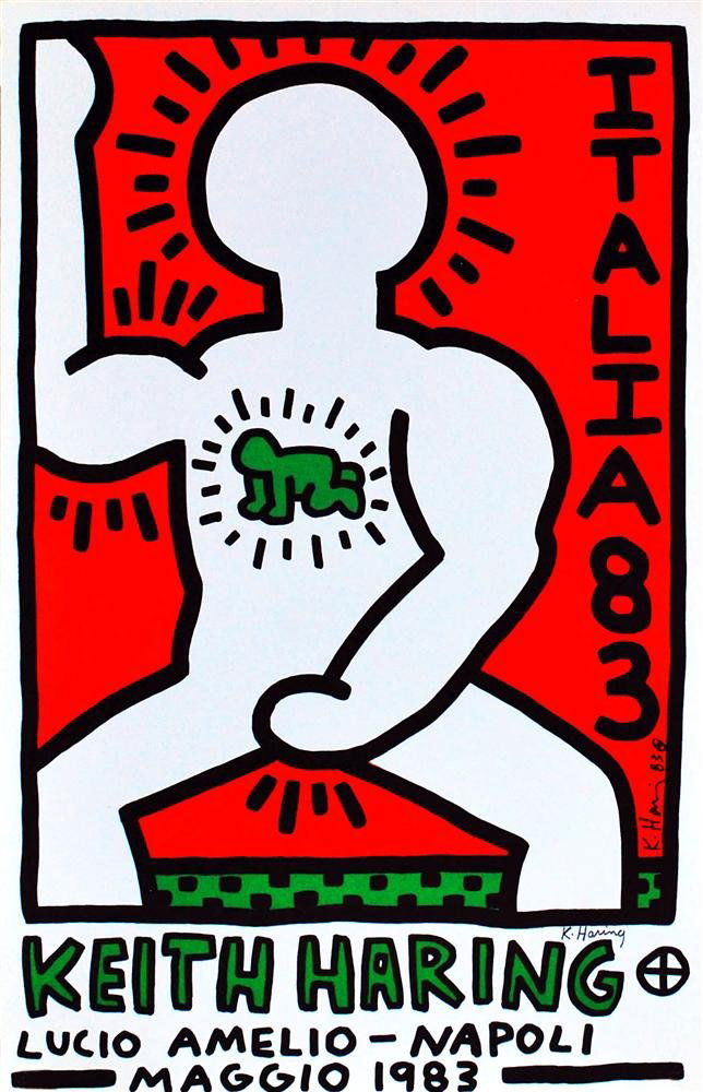 KEITH HARING - Original color lithograph poster: Keith Haring (American, 1958 - 1990). "Italia 83". Original color lithograph poster. 1983. Signed in pencil, lower right; signed and dated in the plate. Edition unknown, probably c100. White wove pape