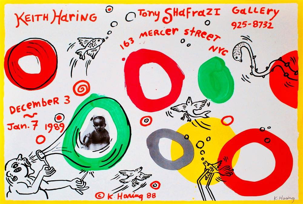 KEITH HARING - Original color offset lithograph po: Keith Haring (American, 1958 - 1990). "Keith Haring @ Tony Shafrazi Gallery". Original color offset lithograph poster. 1988. Signed in pencil, lower right; signed and dated in the plate. Edition unkno