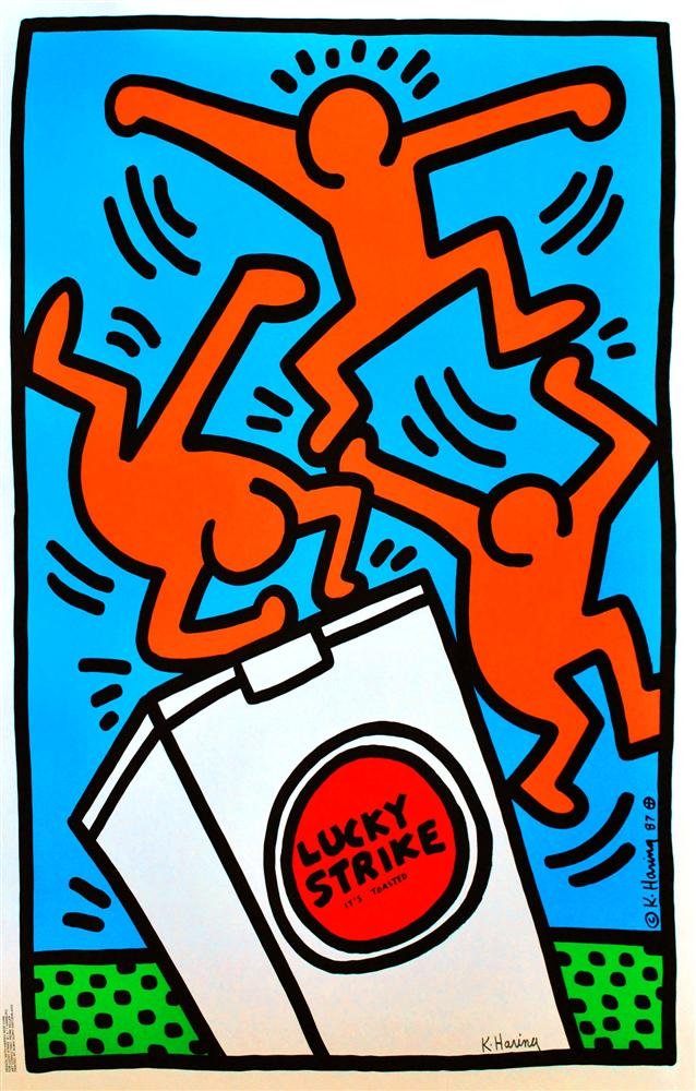 KEITH HARING - Original color silkscreen: Keith Haring (American, 1958 - 1990). "Lucky Strike: Blue". Original color silkscreen. 1987. Signed in pencil, lower right; signed and dated in the plate. Edition of 100?. White wove paper. Full margi