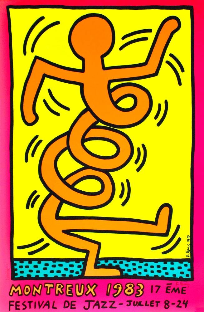 KEITH HARING - Original color silkscreen poster: Keith Haring (American, 1958 - 1990). "Montreux [Jazz Festival] 1983 - Yellow Background/Pink Border". Original color silkscreen poster. 1983. Signed in pencil, lower right; signed and dated in the pl