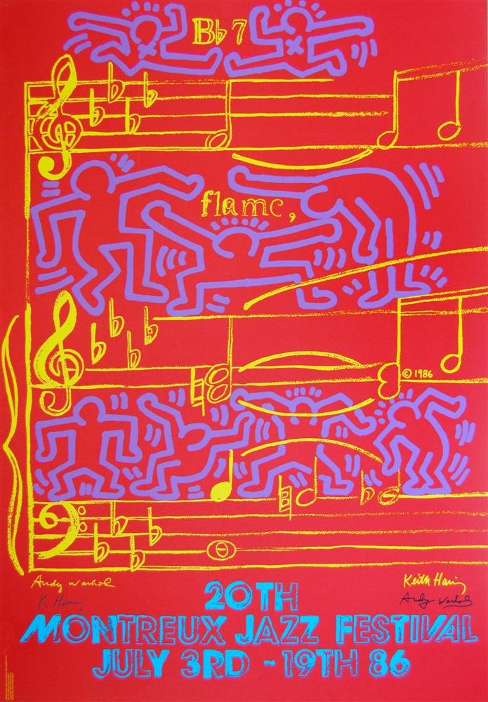 KEITH HARING & ANDY WARHOL - Original color silksc: Keith Haring & Andy Warhol (Americans, 20th Century). "20th Montreux Jazz Festival". Original color silkscreen poster. 1986. Signed in black marker by both Haring and Warhol, lower left and lower righ