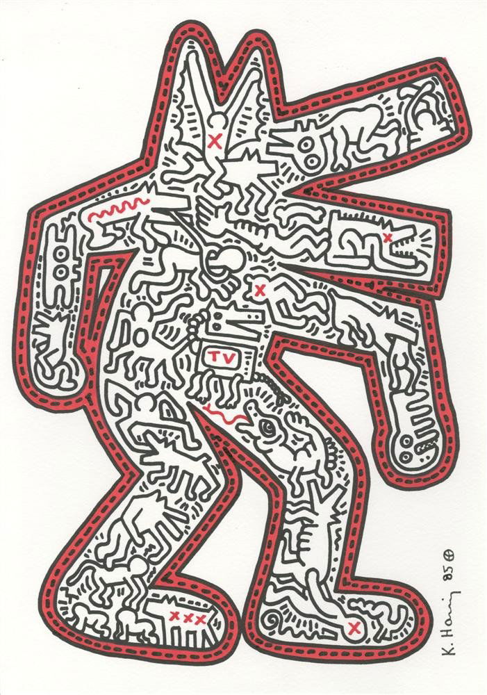 KEITH HARING [AFTER] - Ink/marker and colored ink: Keith Haring [after] (American, 1958-1990). "Untitled". Ink/marker and colored ink on paper. 1985. Signed and dated, lower right. Off-white wove paper. Fine condition. After the work "Untitled," ink o