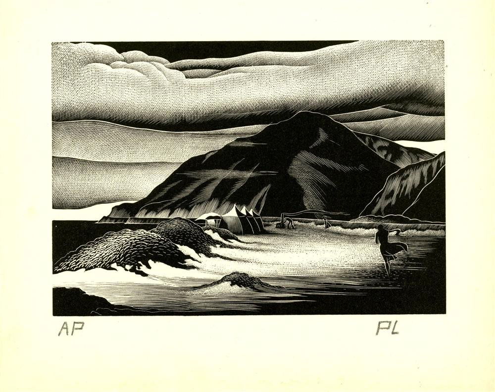 PAUL HAMBLETON LANDACRE - Wood engraving: Paul Hambleton Landacre (American, 1893 - 1963). "Campers". Wood engraving. 1939-40. Signed with the initials and annotated, lower margin. An artist proof apart from the edition of 75. Thin cream wove