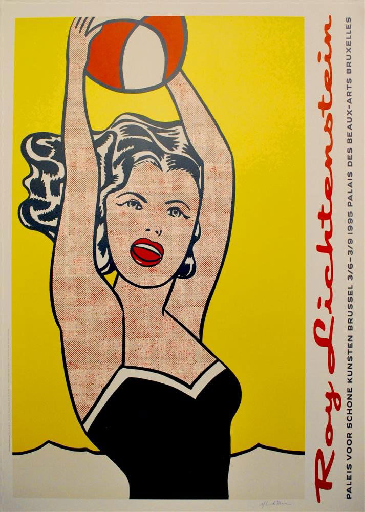 ROY LICHTENSTEIN - Color silkscreen poster: Roy Lichtenstein (American, 1923-1997). "Girl with Ball [Palais des Beaux-Arts]". Color silkscreen poster. 1995. Signed in pen, lower right. Edition of 2,500. Heavy, smooth, white wove paper. Full mar