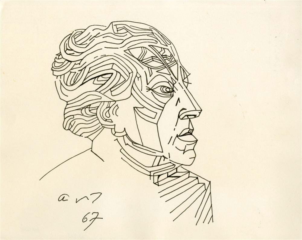ANDRE MASSON - Original pen and ink drawing: Andre Masson (French, 1896 - 1987). "Portrait d'Andre Breton". Original pen and ink drawing. 1967. Signed with the initials/monogram and dated, in pen, lower left. Light cream wove paper. Very good to