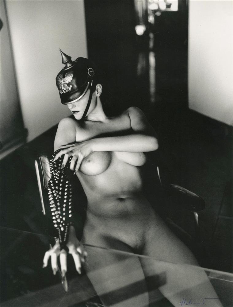 HELMUT NEWTON - Photolithograph: Helmut Newton (German/Australian, 1920-2004). "Eva, Pickelhaube, Monte-Carlo". Photolithograph. 1993. Printed 1995. Signed in pen, lower right. Fine, quality printing. Very good condition. Provenance: