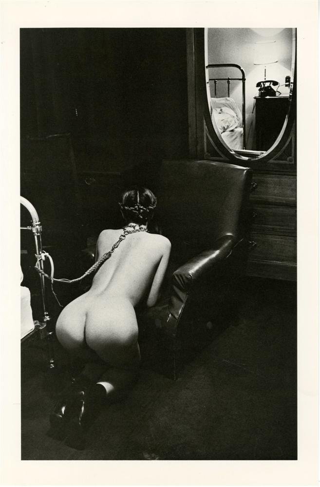 HELMUT NEWTON - Original vintage photolithograph: Helmut Newton (German/Australian, 1920-2004). "Hotel Room, Place de la Republique, Paris". Original vintage photolithograph. 1976. Printed 1979. Signed in blue marker, verso; identified as to title an