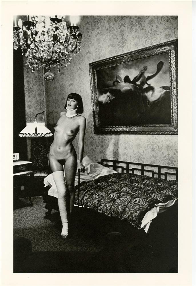 HELMUT NEWTON - Original vintage photolithograph: Helmut Newton (German/Australian, 1920-2004). "Jenny Kapitan, Pension Dorian, Berlin". Original vintage photolithograph. 1977. Printed 1979. Signed in blue marker, verso; identified as to title and da