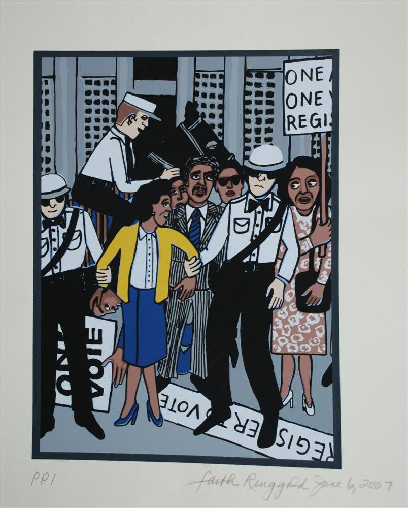 FAITH RINGGOLD - Color silkscreen: Faith Ringgold (American, b.1930). "The Right to Vote". Color silkscreen. 2007. Signed, dated, and editioned in pencil, lower margin. A printer's proof. Columbia natual fiber buff paper. Fine impressi