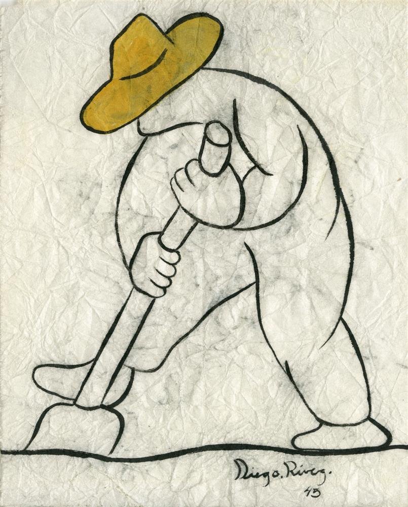 DIEGO RIVERA - Pen and ink and watercolor on paper: Diego Rivera (Mexican, 1886 - 1957). "Hombre con una Pala". Pen and ink and watercolor on paper. 1945. Signed and dated, lower right. Heavily textured, crinkly white paper. Very good condition. Rivera