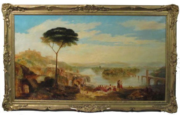 JOSEPH MALLORD WILLIAM TURNER [AFTER] - Oil on can: Joseph Mallord William Turner [after] (English, 1775-1851). "Women by the Side of a River in an Expansive Landscape". Oil on canvas. Signed with the initials, lower right. Good condition. Frame needs