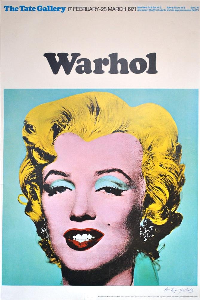 ANDY WARHOL - Color offset lithograph poster: Andy Warhol (American, 1928 - 1987). "Marilyn Monroe [Tate Gallery]". Color offset lithograph poster. 1971. Signed in ink, lower right. White smooth wove paper. The full sheet. Fine impression with fr