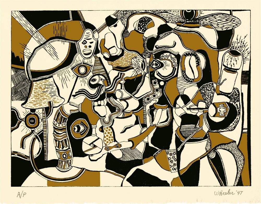 STEVE WHEELER - Original color silkscreen: Steve Wheeler (American, 1912 - 1992). "Sheik and Private Leon". Original color silkscreen. 1947. Signed "Wheeler" and dated in pencil, lower right. Annotated "A/P" in pencil, lower left. An artist pr