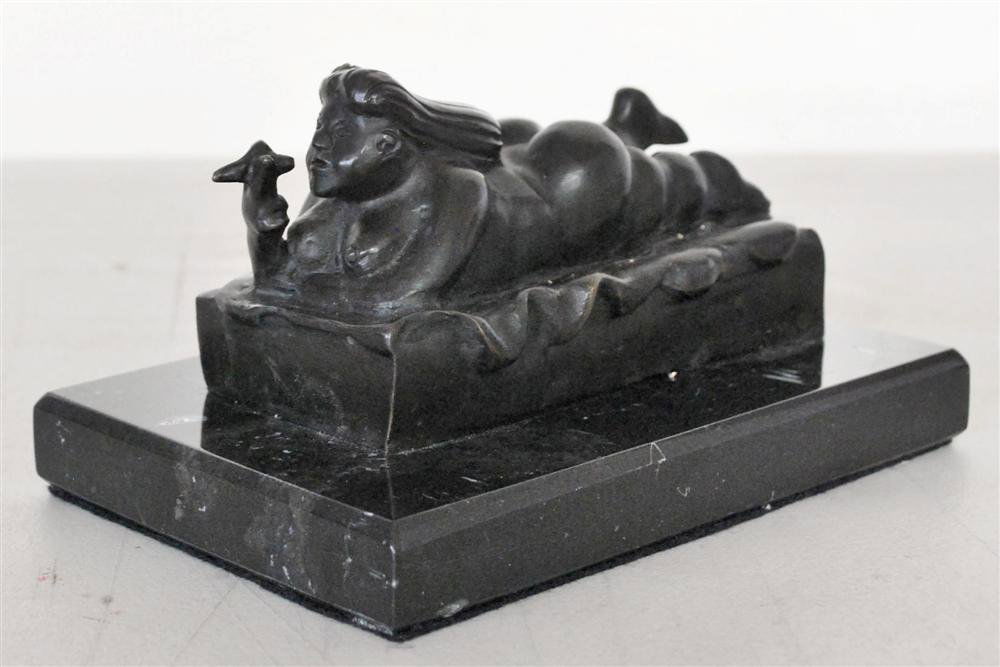FERNANDO BOTERO [BY OR AFTER] - Bronze sculpture w: Fernando Botero [by or after] (Columbian, b.1932). "Mujer Acostada Fumando Puro". Bronze sculpture with very dark brown patina. 1987. Inscribed "F. Botero" and dated "1987". Edition of six?. Fine, qua
