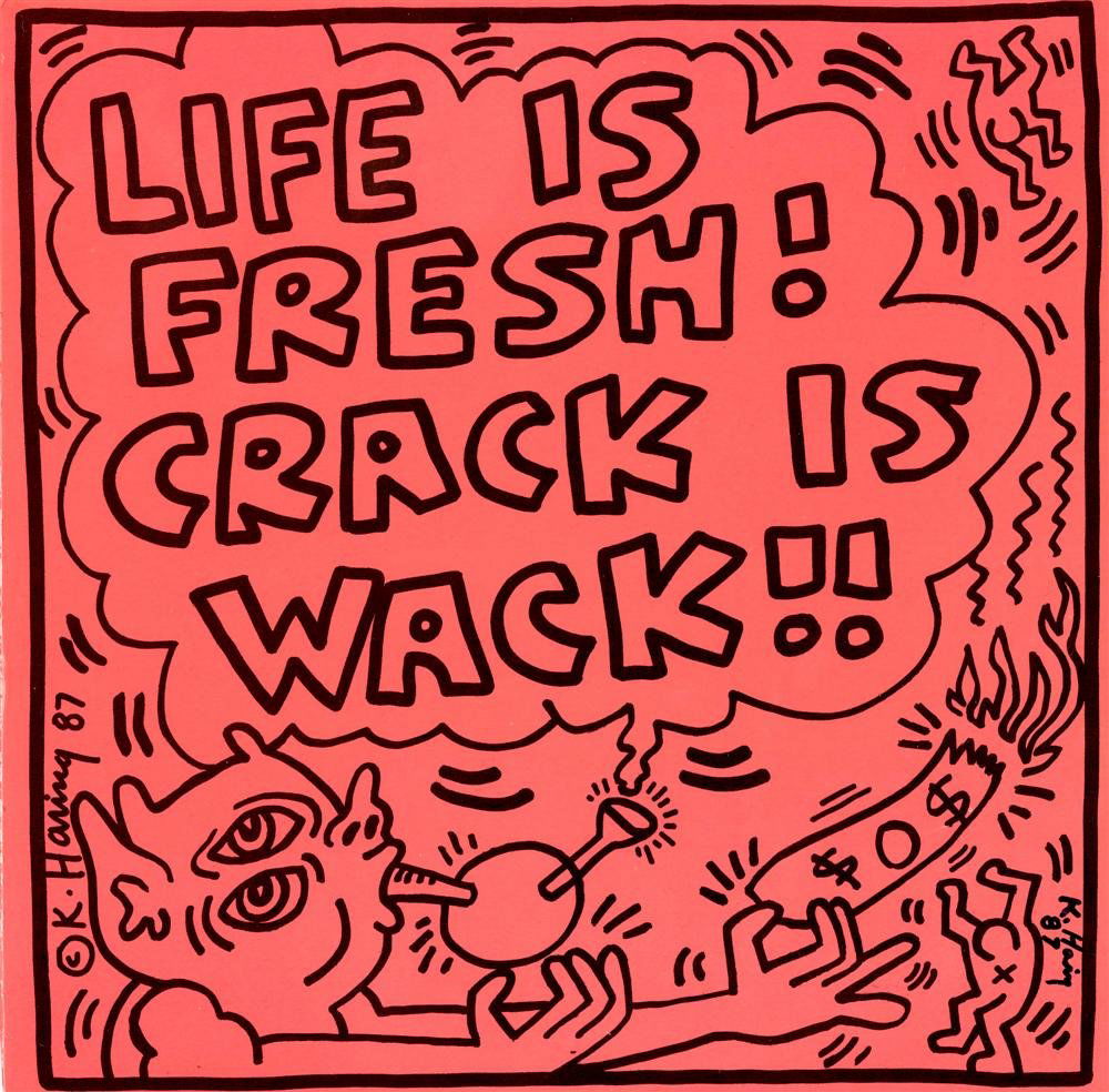 KEITH HARING - Original color offset lithograph: Keith Haring (American, 1958 - 1990). "BIPO: Life Is Fresh! Crack is Wack!!". Original color offset lithograph. 1987. Signed in black marker, lower right. Edition unknown, presumed small. Album cover