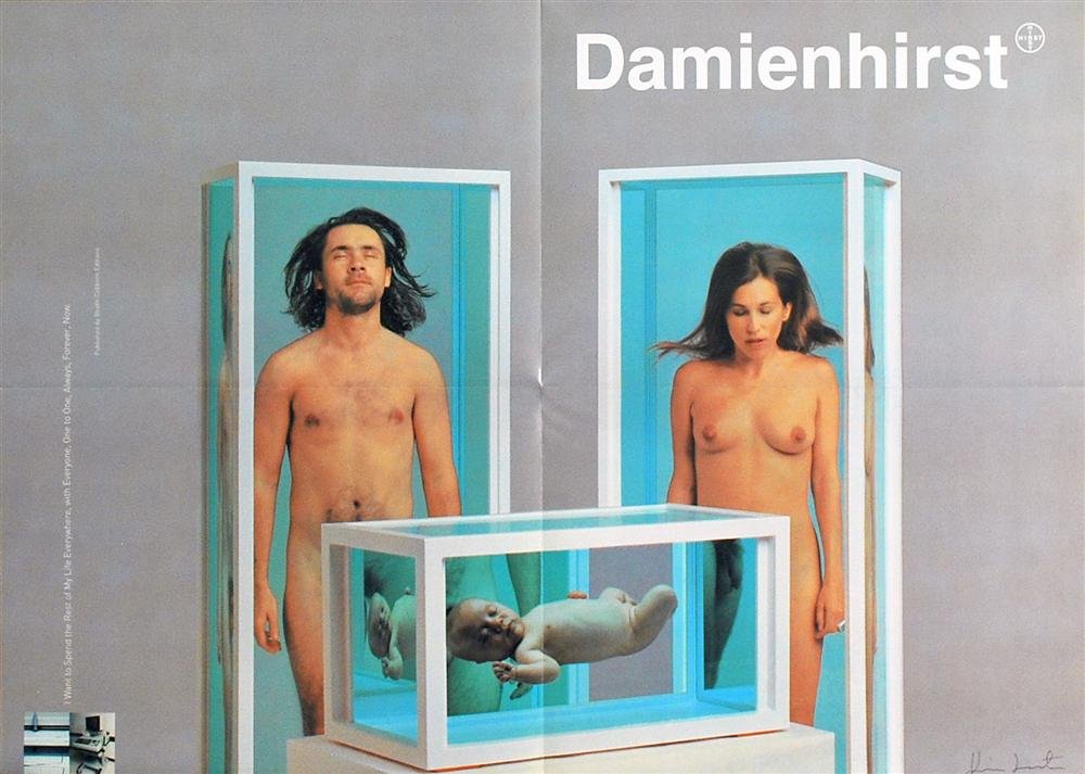 DAMIEN HIRST - Color offset lithograph poster: Damien Hirst (English, b.1965). "Damien-Maia/Family". Color offset lithograph poster. 1996/97. Signed in black pen, lower right. White wove glossy paper. The full sheet. Fine impression. Very good to 