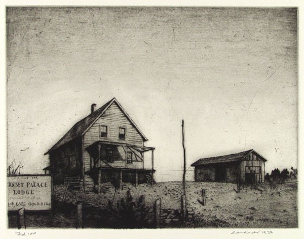 ARMIN LANDECK - Drypoint: Armin Landeck (American, 1905 - 1984). "Sunset Palace Lodge". Drypoint. 1938. Signed, dated, and editioned in pencil. Edition of 100. Full margins (deckle edges). Fine impression, richly inked with mu
