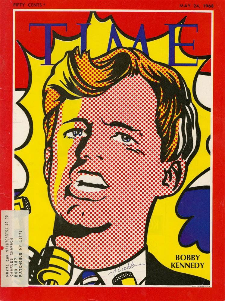 ROY LICHTENSTEIN - Color offset lithograph: Roy Lichtenstein (American, 1923-1997). "Bobby Kennedy". Color offset lithograph. 1968. Signed in blue pen, lower middle. Edition uncertain, presumed very large. White coated paper. Fine impression. G