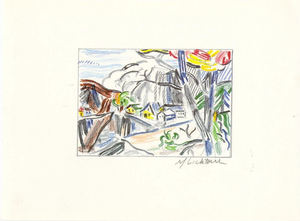 ROY LICHTENSTEIN - Color offset lithograph: Roy Lichtenstein (American, 1923-1997). "Mountain Village [print]". Color offset lithograph. 1986. Signed in pencil, lower right. A proof (?) aside from the edition of 100. White wove Coronado opaque