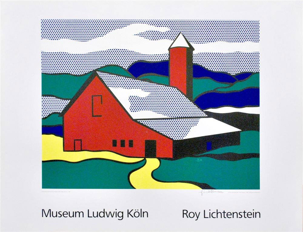 ROY LICHTENSTEIN - Color silkscreen poster: Roy Lichtenstein (American, 1923-1997). "Red Barn II [medium version]". Color silkscreen poster. 1989. Signed in pencil, lower right. White wove paper. The full sheet. Fine impression. Very good condi