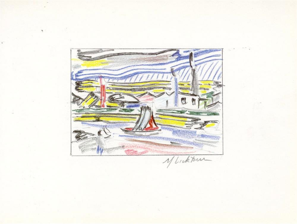 ROY LICHTENSTEIN - Color offset lithograph: Roy Lichtenstein (American, 1923-1997). "The River". Color offset lithograph. 1986. Signed in pencil, lower right. A proof (?) aside from the edition of 100. White wove Coronado opaque SST cover stock