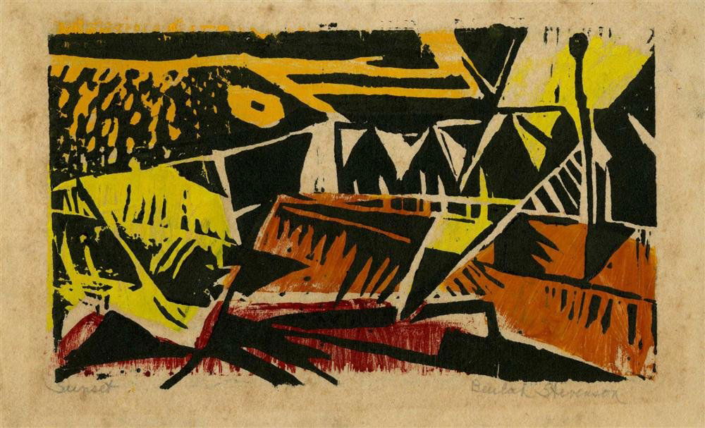 BEULAH STEVENSON - Color lithograph: Beulah Stevenson (American, 1895-1965). "Sunset [New Mexico]". Color lithograph. 1948. Signed in pencil, lower right; titled in pencil, lower left. Edition unknown, presumed small. Cream wove paper. A