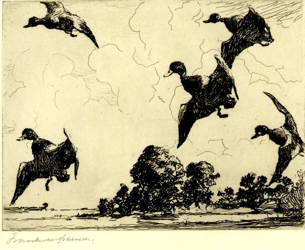 FRANK W. BENSON - Etching: Frank W. Benson (American, 1862 - 1951). "Five Ducks in Flight". Etching. 1923. Signed in pencil, lower left. Edition of 525. Cream laid paper. Full margins. Fine impression. Fine condition. Literatur