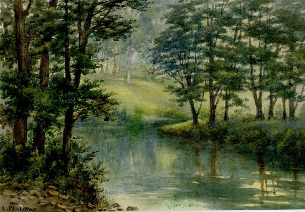 LORENZO P. LATIMER - Watercolor on paper: Lorenzo P. Latimer (American, 1857 - 1941). "On the Ranch". Watercolor on paper. c1920-1923. Signed lower left. Cream wove paper. Fair condition. Latimer was a California landscape painter and highly