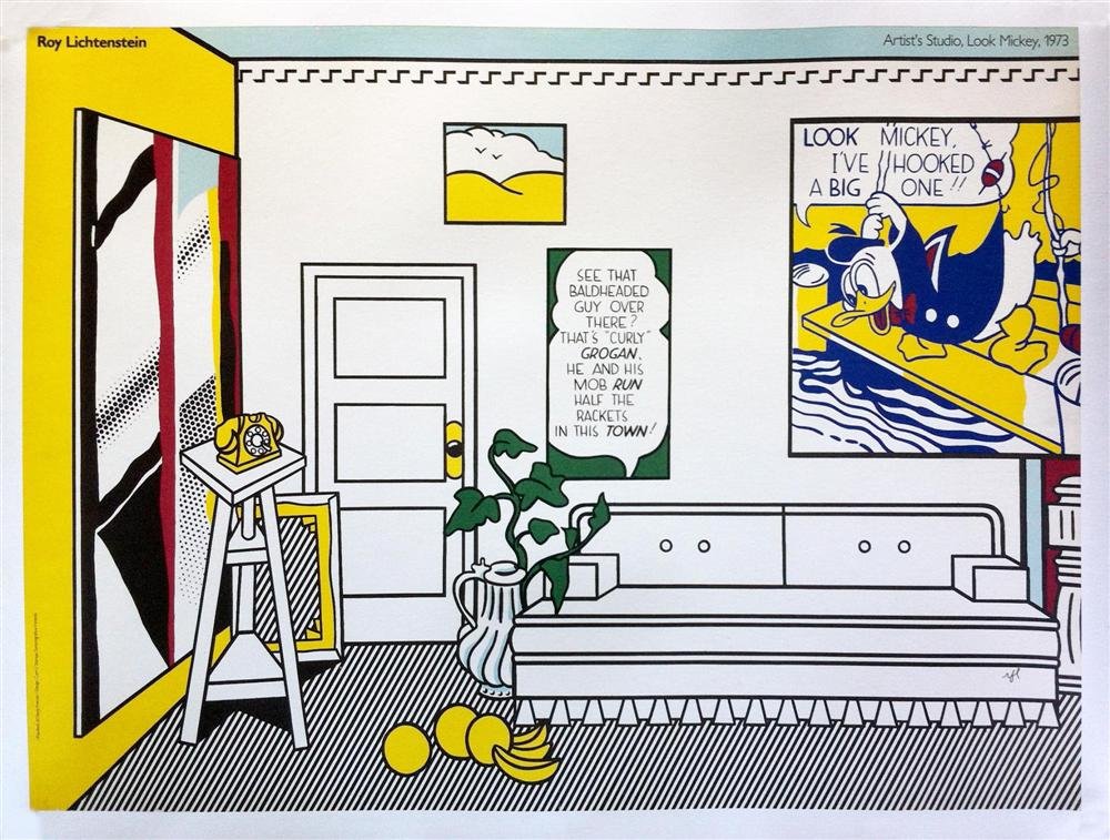ROY LICHTENSTEIN - Color offset lithograph poster: Roy Lichtenstein (American, 1923-1997). "Artist's Studio - Look Mickey". Color offset lithograph poster. 1982. Signed lower right. Edition unknown, presumed very small. Light cream wove paper. The ful