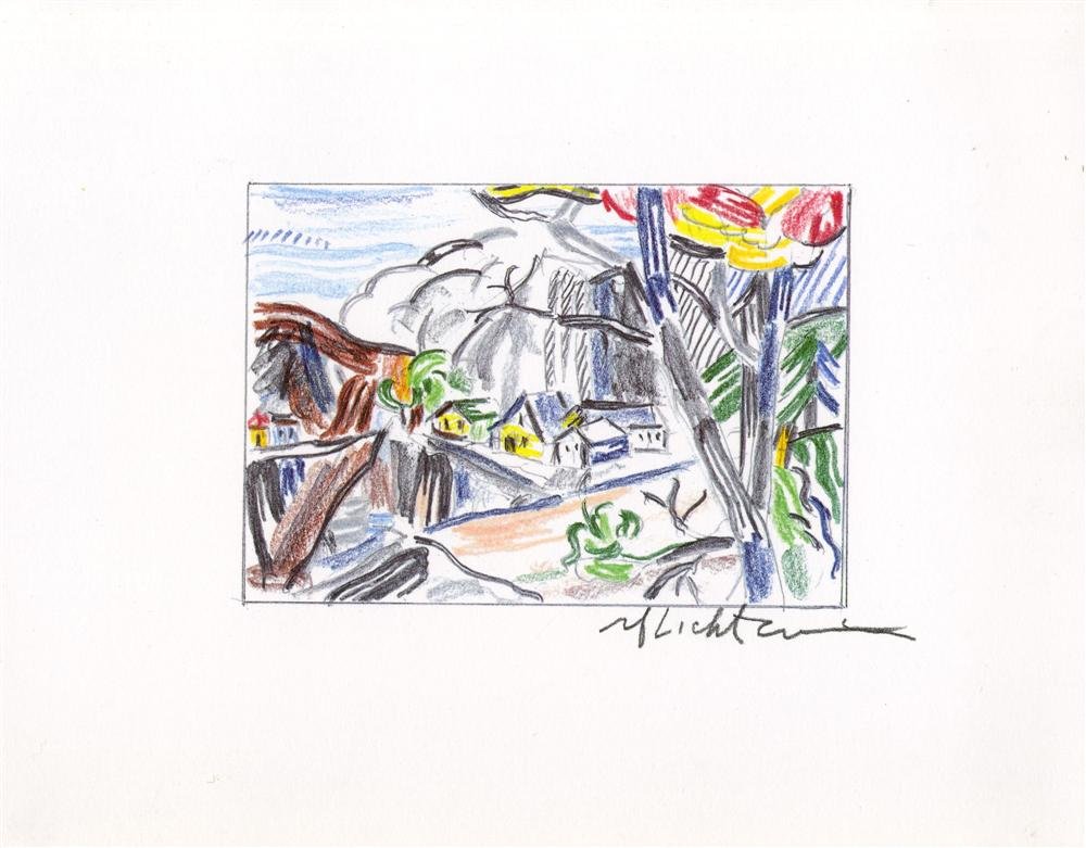 ROY LICHTENSTEIN - Color offset lithograph: Roy Lichtenstein (American, 1923-1997). "Mountain Village [print]". Color offset lithograph. 1986. Signed in pencil, lower right. A proof (?) aside from the edition of 100. White wove Coronado opaque